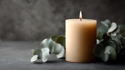 Candlelight flickers by eucalyptus sprigs. Spa, calm, cozy. For blog, design, web.