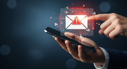 A hand holding a smartphone displays an email icon with a red warning triangle symbolizing potential digital threats and system alerts security cyber notification