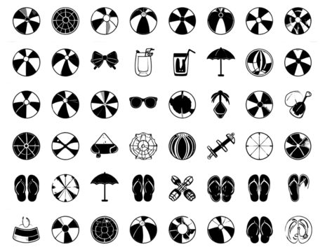 Collection of summer themed black and white vector icons including beach toys and vac  