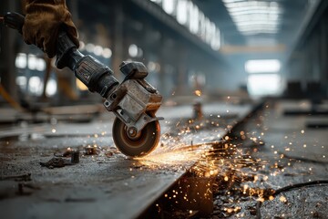 Electric wheel grinding sparks fly as steel structure is shaped in industrial workshop during daylight hours