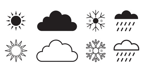 Weather icons set with sun, cloud, rain, and snow in solid and outline style, climate and forecast vector illustration