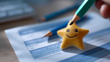 Close-up of homework assignment with teacher's smiley face or star