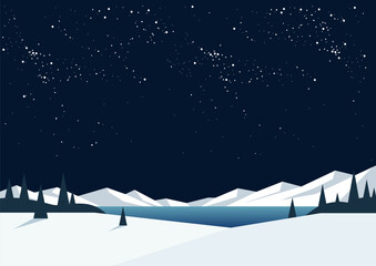 A beautiful landscape illustrating a deep blue night sky filled with many stars above snow covered mountains and a tranquil frozen lake.