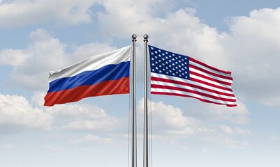 Russia and US Meeting as diplomatic flag symbols for negotiations concept to negotiate a ceasefire or peace agreement or cease fire to mediate mediation and arbitration betweem Moscow and Kyiv.