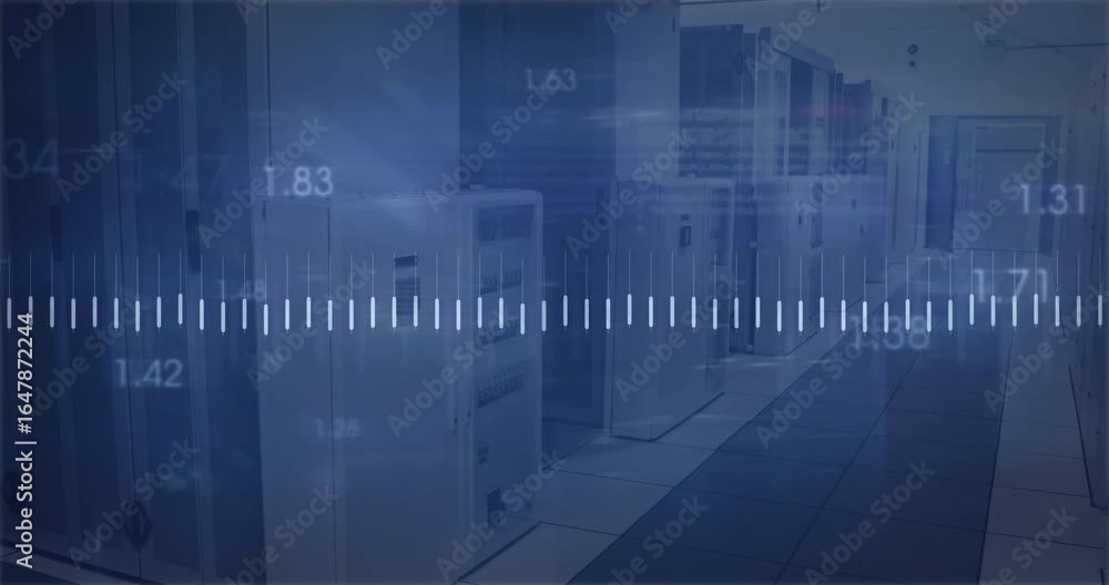 Aufkleber server corridor under blue lighting with bars pulsing, orange line tracing values showing data