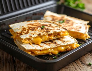 Grill-pressed cheesy quesadillas — stacked golden tortilla wedges sizzling in a griddle pan