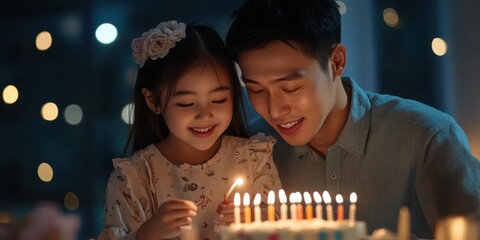 Family celebration with father and daughter lighting birthday candles at night