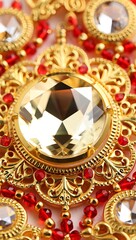 Fototapeta premium Elegant Gold Necklace with Red Gemstones and Sparkling Crystals