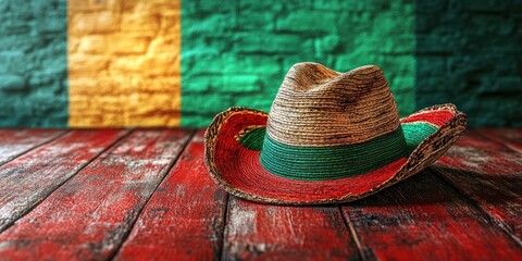 Rustic hat placed on a vibrant wooden table against a colorful wall with distinctive stripes