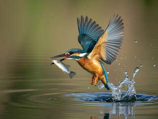 Kingfisher bird captures fish mid flight over water