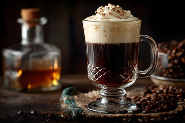 Irish coffee with whisky on dark background