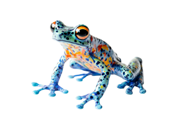 A vibrant blue and orange spotted tree frog posed gracefully on a white background.