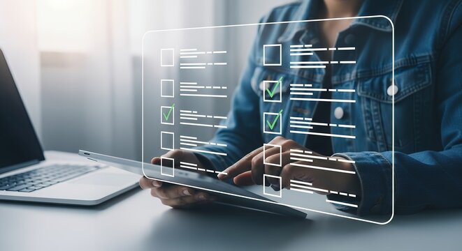 Person using a digital tablet to check off items on a virtual to do list displayed on a transparent screen with a laptop nearby Checklist Task Todo list