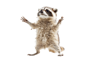 Curious raccoon standing upright, showcasing its playful and mischievous nature.