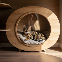 Bengal cat lounging in modern wooden cat house with soft bedding  