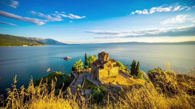 Picturesque landscape of lake ohrid with the church of st john at kaneo, macedonia