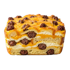 Appetizing close-up of a hearty breakfast-for-dinner casserole with golden-brown bread, fluffy eggs, sausage, and bubbly melted cheese, isolated on a transparent background, culinary concept