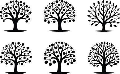 Decorative fruit tree silhouette set, abstract botanical tree icons, black vector collection for nature, orchard, farm, design, illustration