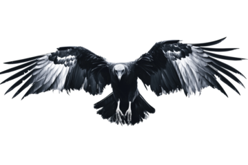 Majestic black and white eagle soaring with wings spread wide in a dynamic and powerful display.