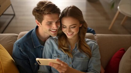 Couples Embrace Technology in Living Room Enhancing Connection and Happiness with Smart Furniture for Cozy Home Experience, Energy usage alert. - Powered by Adobe