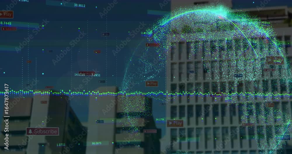 Poster numeric values and bar graphs appearing over urban skyline forming data globe for network insight