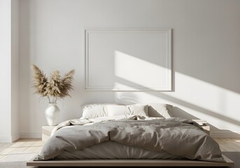 Elegant, sunlit bedroom interior with blank frame perfect for artwork mockup