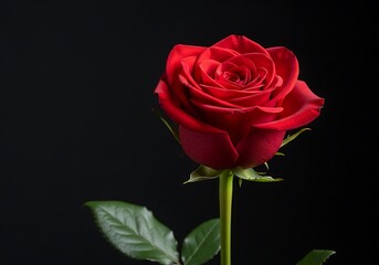 Fototapeta premium A single vibrant red rose stands out against a dramatic black background, symbolizing love and beauty.