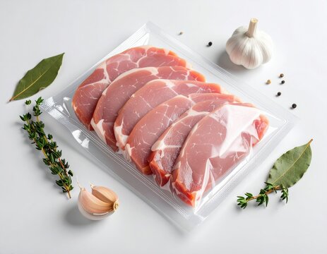 Fresh pork loin chops in vacuum packaging with garlic, herbs, and bay leaves