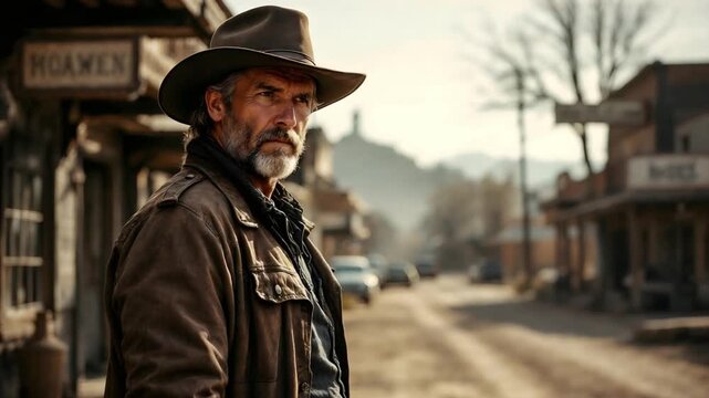 Rugged cowboy in dusty western frontier town