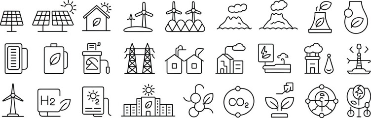 Eco energy and renewable power icons including solar, wind, hydrogen, biofuel, and sustainable technology in modern outline style