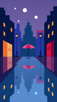 rainy city street reflections umbrella