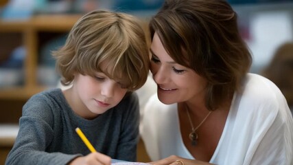 Teacher Smiling While Returning Marked Homework to Happy Student