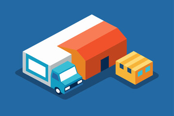 isometric delivery truck and warehouse flat vector