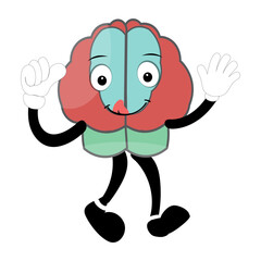 Cute brain mascot character, Happy cartoon brain illustration. Waving hand, fun mascot illustration, educational symbol, cute organ, smart idea, mental health concept