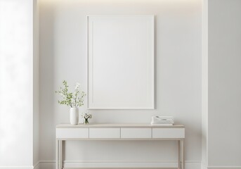 Elegant blank frame on console table in bright minimalist interior design mockup