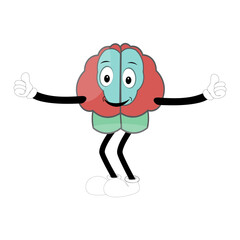 Cute brain mascot character, Happy cartoon brain illustration. Waving hand, fun mascot illustration, educational symbol, cute organ, smart idea, mental health concept