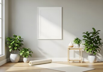 Zen interior with white yoga mat, plants, and blank frame for inspirational art