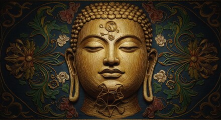 Fototapeta premium Golden Buddha Head with Ornate Floral Decoration