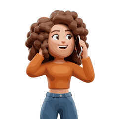Woman talking on the cellphone illustration in 3D Cartoon style, White Background