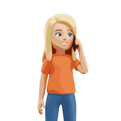 Woman talking on the cellphone illustration in 3D Cartoon style, White Background