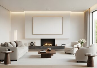 Elegant living room interior with fireplace and blank frame invites cozy relaxation