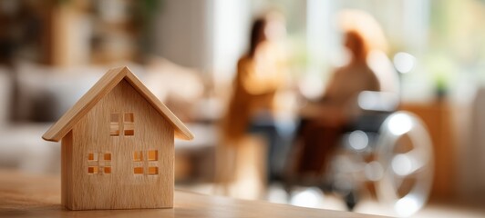 The wooden house model representing elderly care and accessible housing support