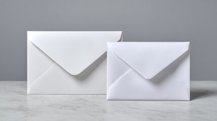 Two white envelopes resting on marble table against gray background