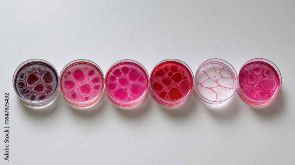Aufkleber petri dishes with various pink and red liquids creating abstract patterns