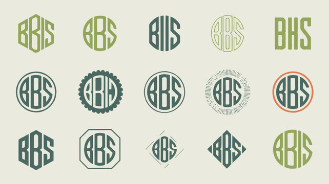 Monogram designs with letters B H S and B S in various geometric shapes and colors vector
