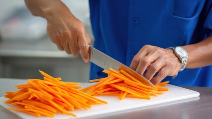 Chef cutting carrots into sticks on white cutting board
