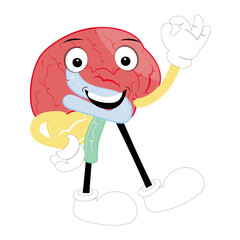 Cute brain mascot character, Happy cartoon brain illustration. Waving hand, fun mascot illustration, educational symbol, cute organ, smart idea, mental health concept