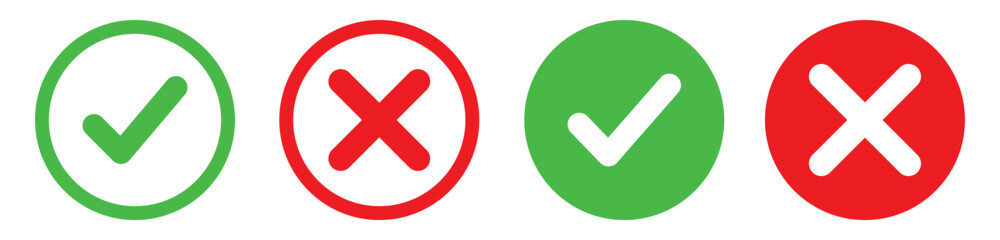 Set green approval check mark and red cross icons in circle and square.