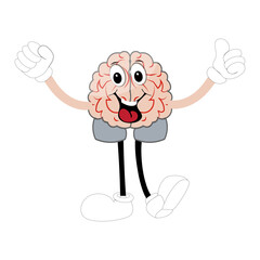 Cute brain mascot character, Happy cartoon brain illustration. Waving hand, fun mascot illustration, educational symbol, cute organ, smart idea, mental health concept