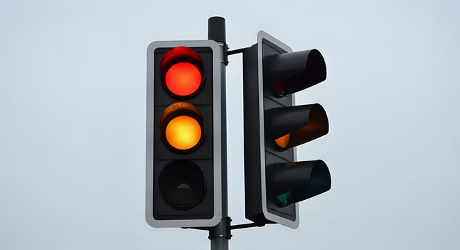 Red and amber lights illuminate a modern traffic signal against a bright, overcast sky